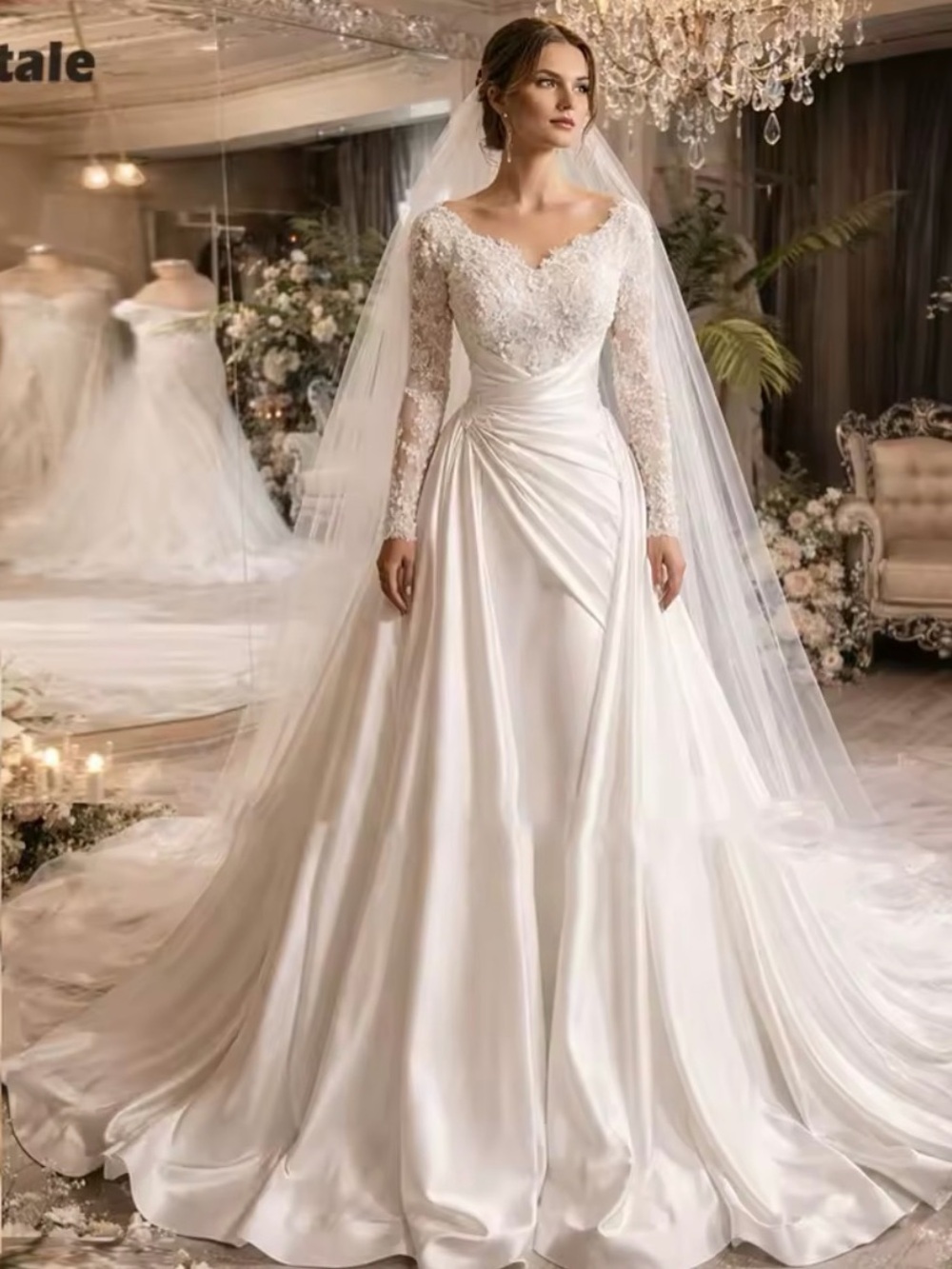 Elegant Lace Bodice Long Sleeve Bridal Gown in White